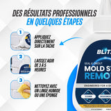Mode d’emploi du détachant anti-moisissure BLITZ en 3 étapes : appliquer sur la tache, laisser agir de 3 à 5 heures, nettoyer avec un linge humide