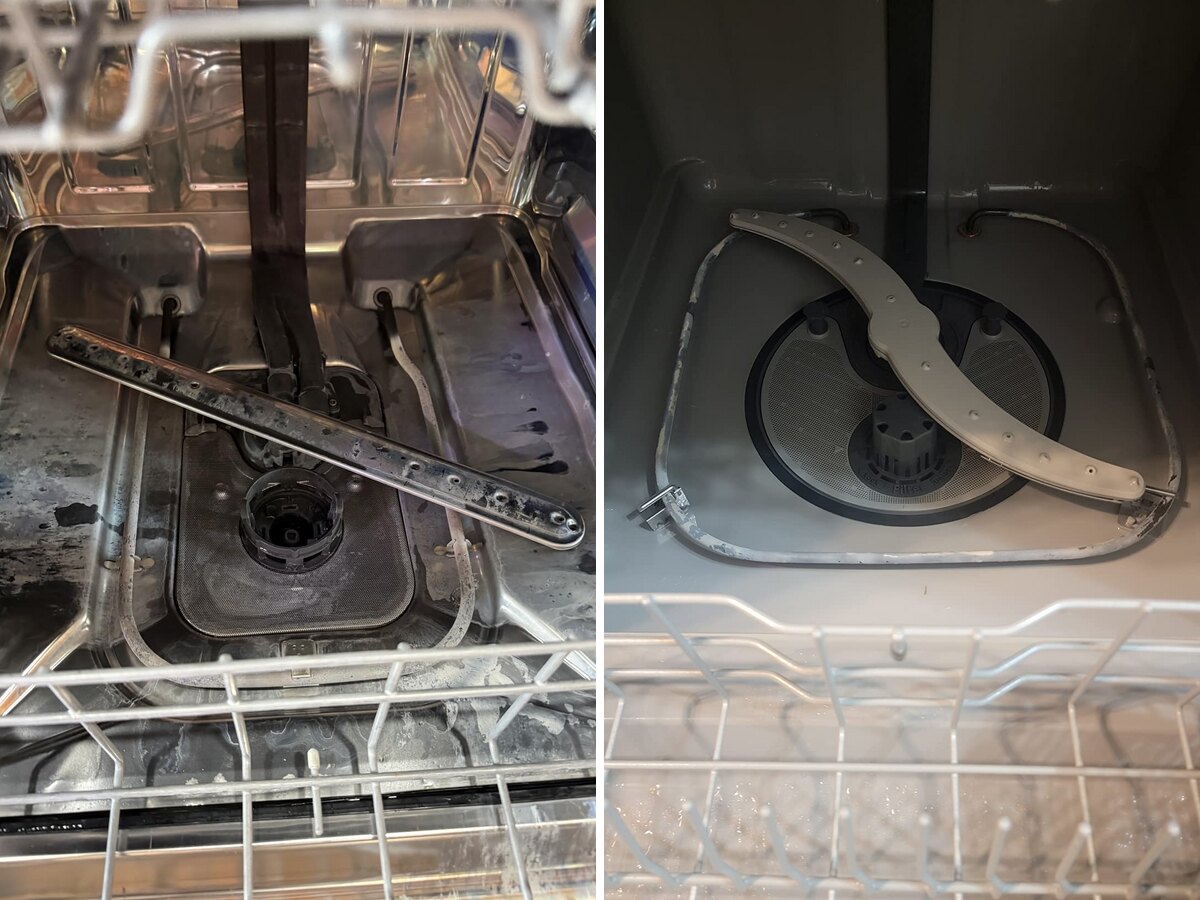 Fond d’un lave-vaisselle en inox avec de la graisse foncée et du tartre blanc autour du filtre et du bras d’aspersion, à côté d’un lave-vaisselle propre après un cycle BLITZ