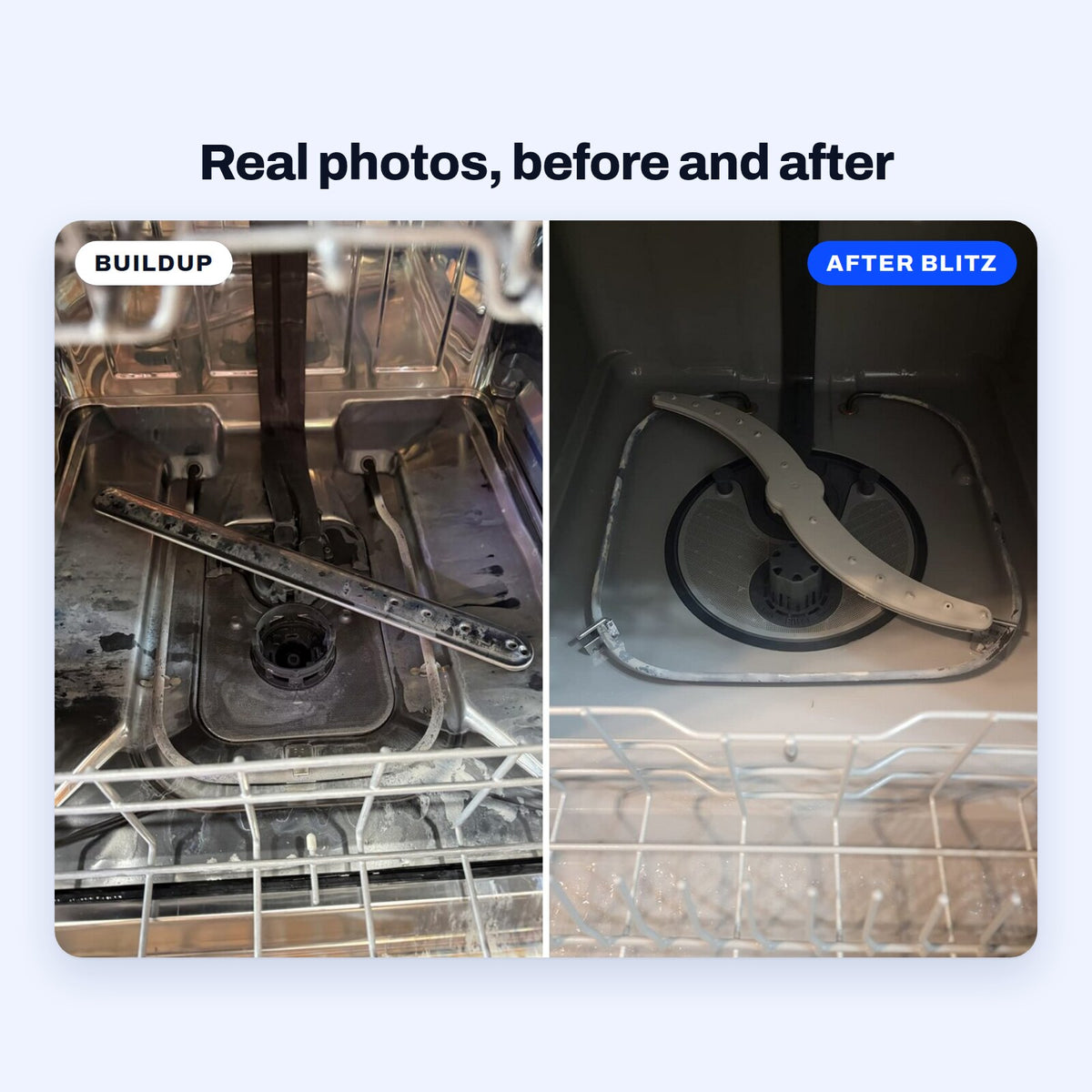 Real photos of grease and white scale on the floor of a stainless dishwasher, and a clean dishwasher after BLITZ Dishwasher Cleaner