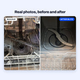 Real photos of grease and white scale on the floor of a stainless dishwasher, and a clean dishwasher after BLITZ Dishwasher Cleaner