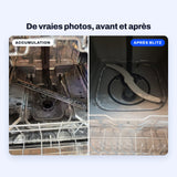 Vraies photos de graisse et de tartre blanc au fond d’un lave-vaisselle en inox, et d’un lave-vaisselle propre après le nettoyant pour lave-vaisselle BLITZ