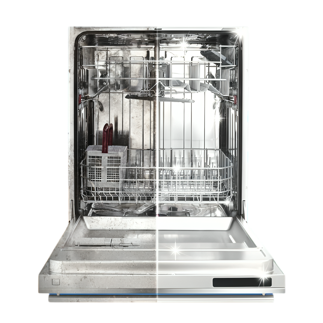 Dishwasher interior with grime on the left and clean on the right