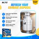 BLITZ Disposal Cleaner, a 1-year supply: breaks down residue and grease, removes odours, foams to deep clean the garbage disposal