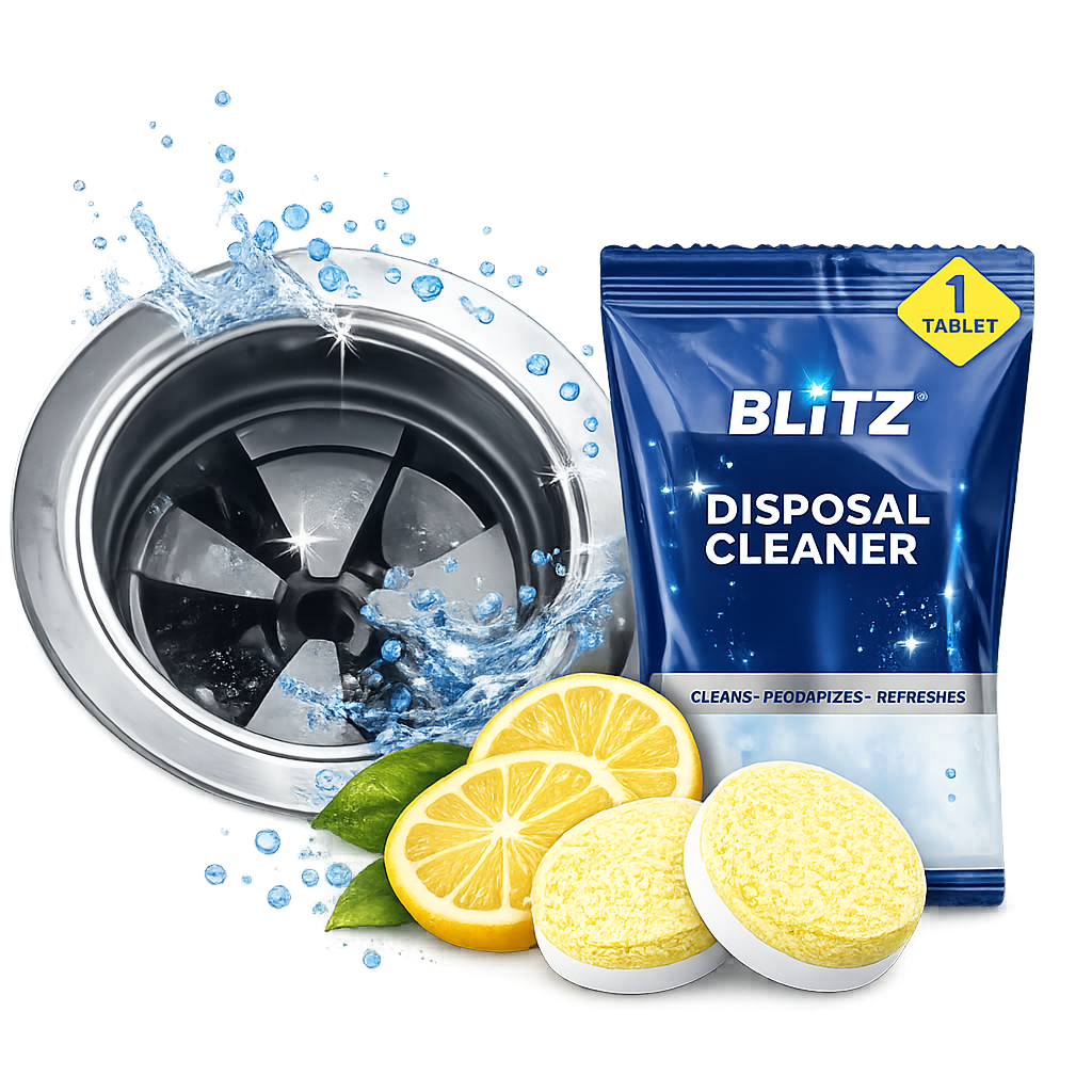 Sachet de nettoyant pour garburateur BLITZ avec des pastilles jaunes et des tranches de citron à côté de l'ouverture d'un garburateur