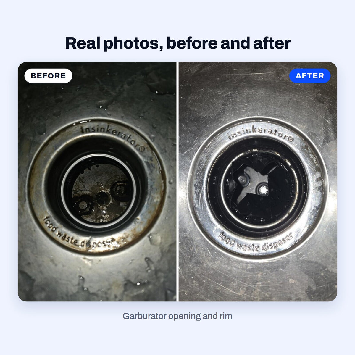 Real photos of a garburator opening with brown buildup on the rim and inside, then the same opening clean after BLITZ Disposal Cleaner