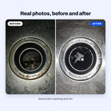 Real photos of a garburator opening with brown buildup on the rim and inside, then the same opening clean after BLITZ Disposal Cleaner