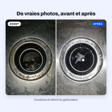 Vraies photos de l’ouverture d’un garburateur avec des dépôts bruns sur le rebord et à l’intérieur, puis la même ouverture propre après le nettoyant pour garburateur BLITZ