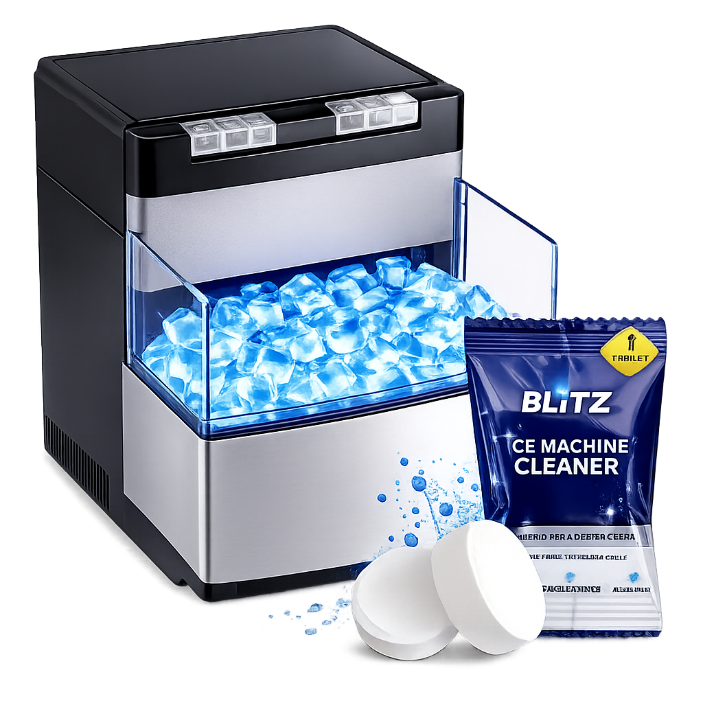 Sachet et pastilles de nettoyant pour machine à glaçons BLITZ devant une machine à glaçons de comptoir remplie de glaçons clairs