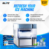 BLITZ Ice Machine Cleaner, a 1-year supply, in front of a countertop ice maker: removes mineral deposits, limescale and odours