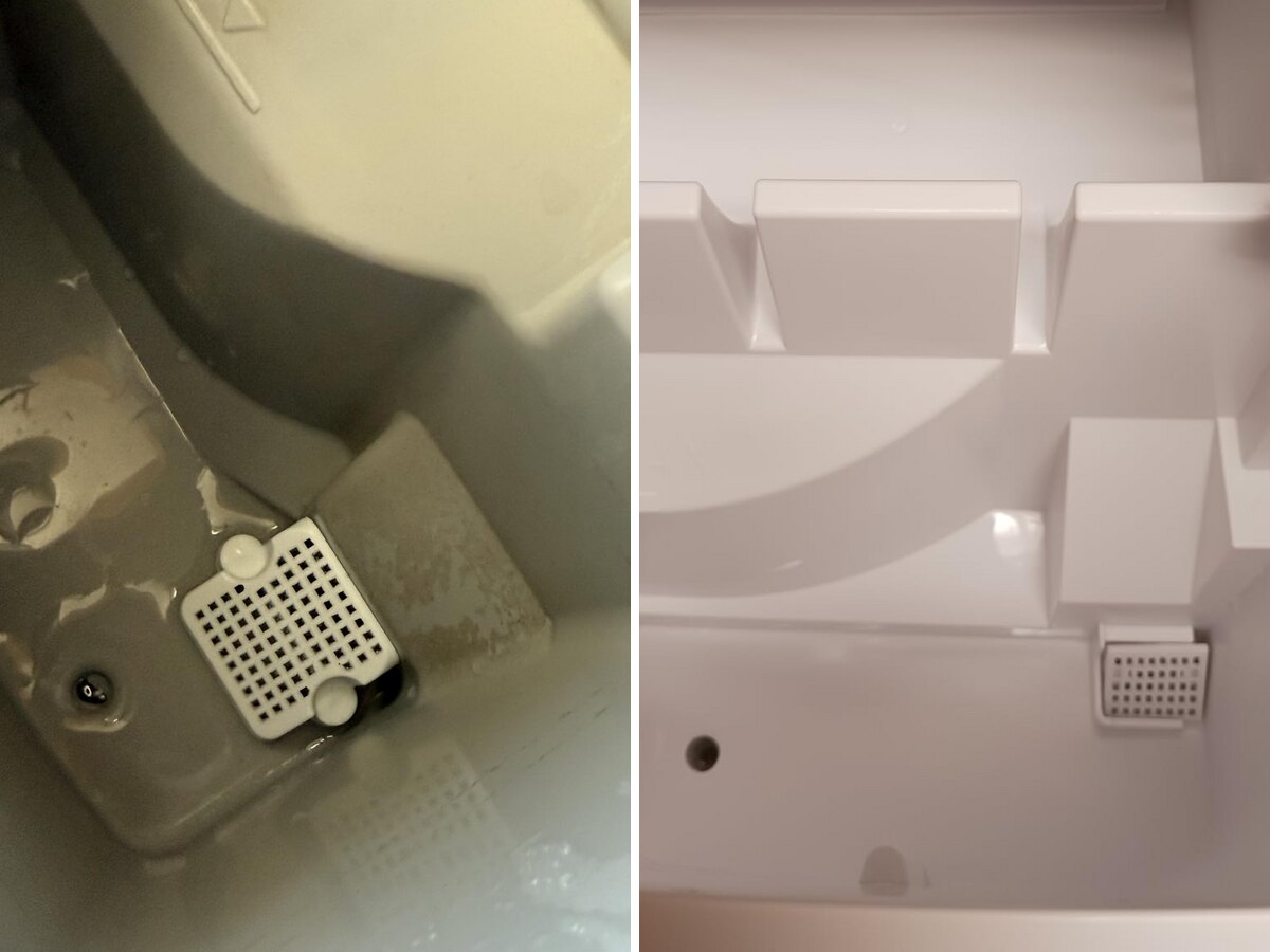 Réservoir d’une machine à glaçons de comptoir avec des résidus bruns et de l’eau stagnante autour du drain et du filtre, puis le même réservoir propre