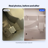 Real photos of a countertop ice maker reservoir with brown residue around the drain and filter, then the same reservoir clean after BLITZ Ice Machine Cleaner