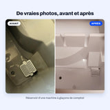 Vraies photos du réservoir d’une machine à glaçons de comptoir avec des résidus bruns autour du drain et du filtre, puis le même réservoir propre après le nettoyant pour machine à glaçons BLITZ