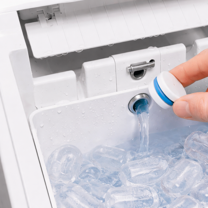 Vidange du réservoir d'eau d'une machine à glaçons de comptoir après avoir retiré les glaçons