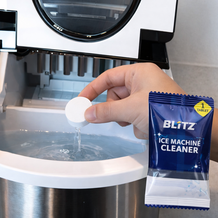 Pastille de nettoyant pour machine à glaçons BLITZ déposée dans le réservoir d'eau d'une machine à glaçons
