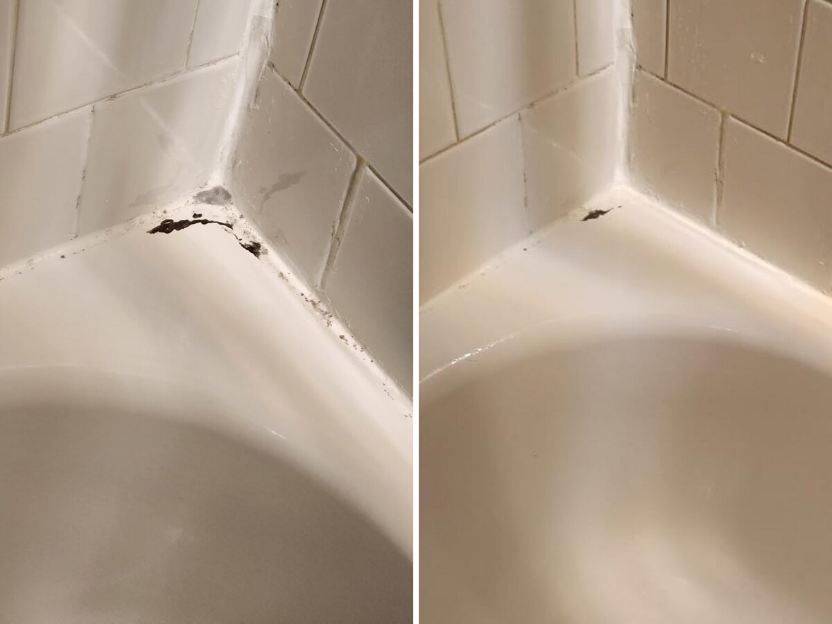 Coin de bain avec de la moisissure noire dans le joint de calfeutrage, puis le même coin propre
