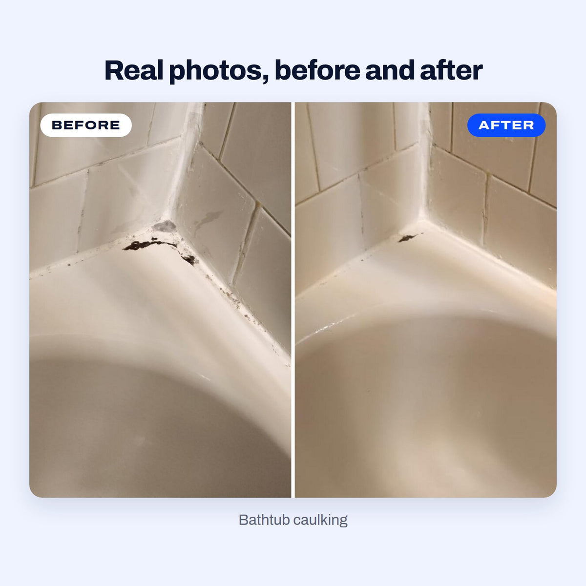 Real photos of a bathtub corner with black mould in the caulking, then the same corner clean after BLITZ Mold Stain Remover