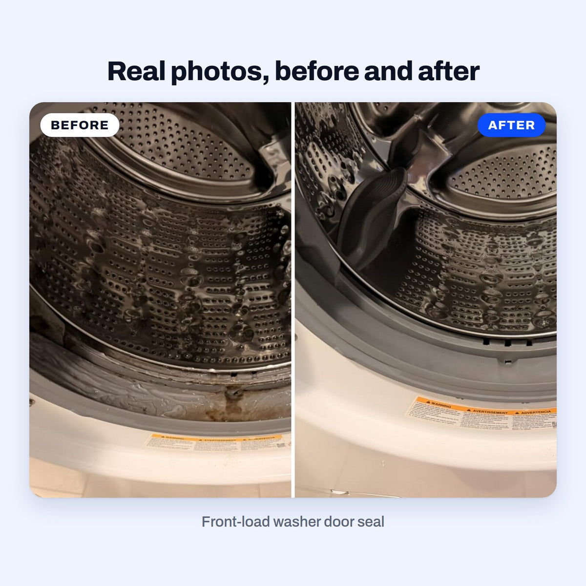 Real photos of a front-load washer door seal with mould stains along the bottom, then the same seal clean after BLITZ Mold Stain Remover