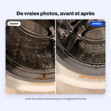 Vraies photos du joint de porte d’une laveuse à chargement frontal taché de moisissure dans le bas, puis le même joint propre après le détachant à moisissure BLITZ