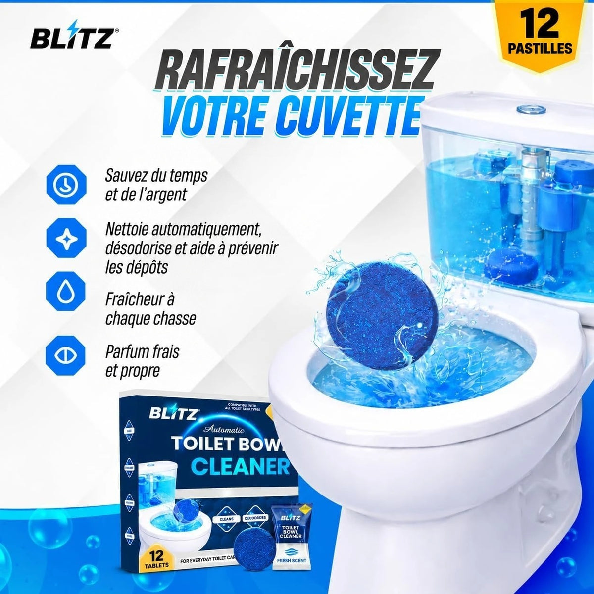 Rafraîchissez votre cuvette : nettoyant automatique pour cuvette BLITZ, 12 pastilles, nettoie automatiquement, désodorise, aide à prévenir les dépôts et rafraîchit à chaque chasse