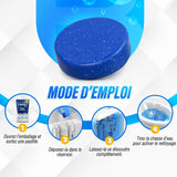 Mode d’emploi du nettoyant automatique pour cuvette BLITZ en 4 étapes : sortir une pastille, la déposer dans le réservoir, la laisser se dissoudre, tirer la chasse d’eau