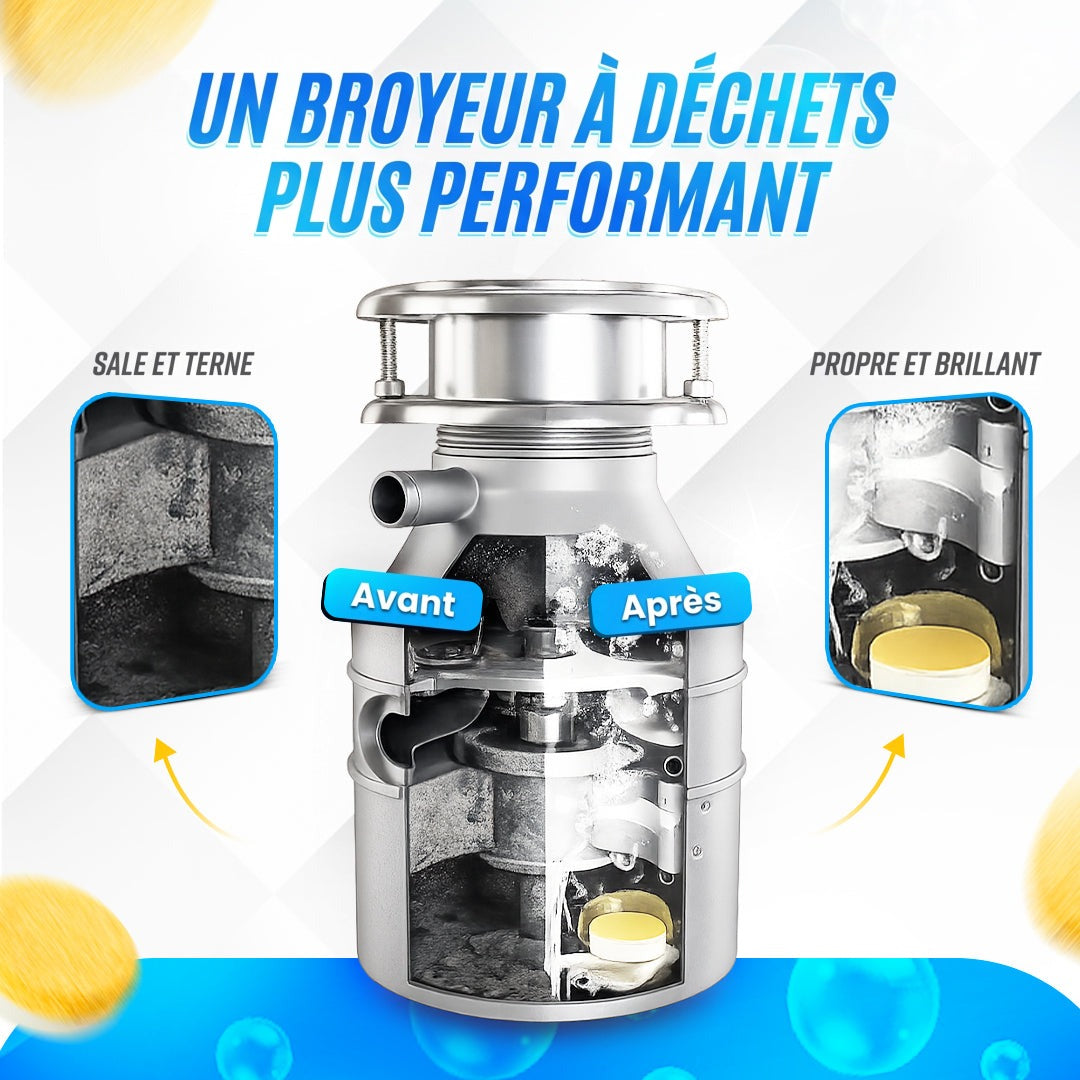 Broyeur à déchets avant et après le nettoyage avec le nettoyant pour broyeur BLITZ