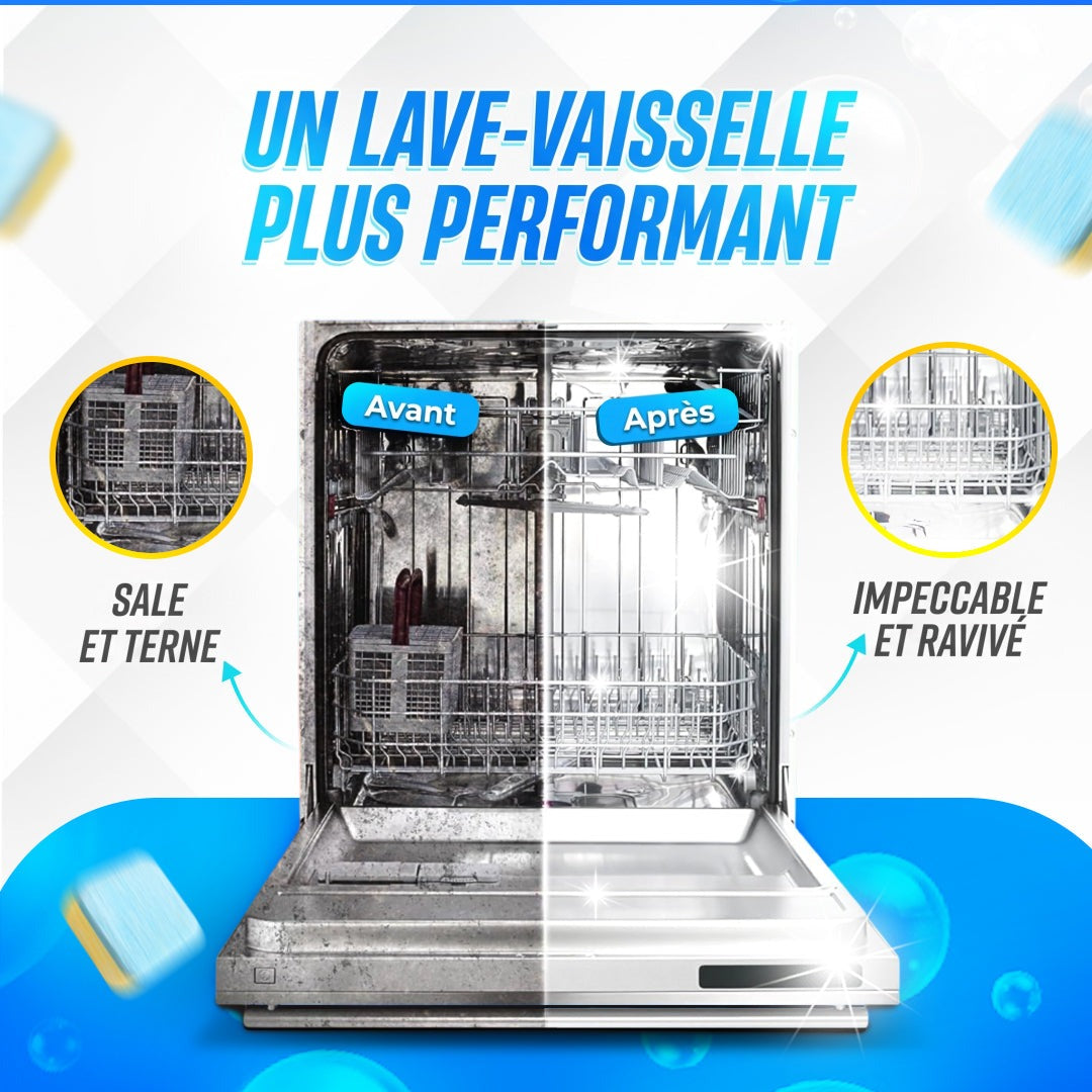 Intérieur d’un lave-vaisselle avant et après le nettoyage avec le nettoyant pour lave-vaisselle BLITZ