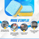 Mode d’emploi du nettoyant pour lave-vaisselle BLITZ en 4 étapes : appareil vide, une pastille dans le compartiment à détergent, un cycle normal, puis séchage à l’air
