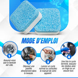 Mode d’emploi du nettoyant pour laveuse BLITZ en 4 étapes : laveuse vide, une pastille dans le tambour, un cycle normal, puis essuyer les résidus