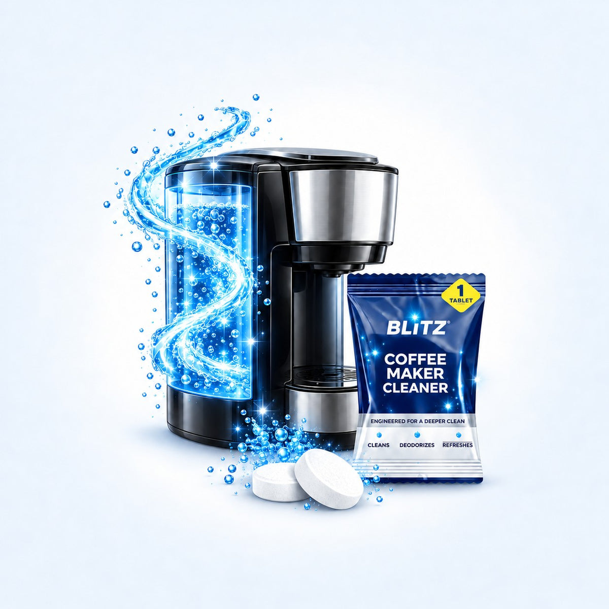 BLITZ Coffee Maker Cleaner tablet pouch beside a coffee maker with sparkling clean water