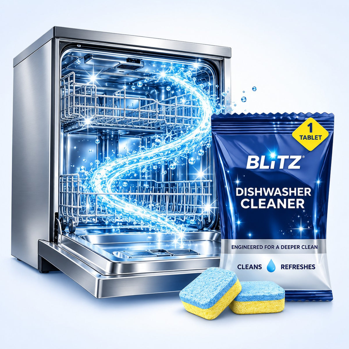 Sachet de pastilles de nettoyant pour lave-vaisselle BLITZ à côté d'un lave-vaisselle étincelant