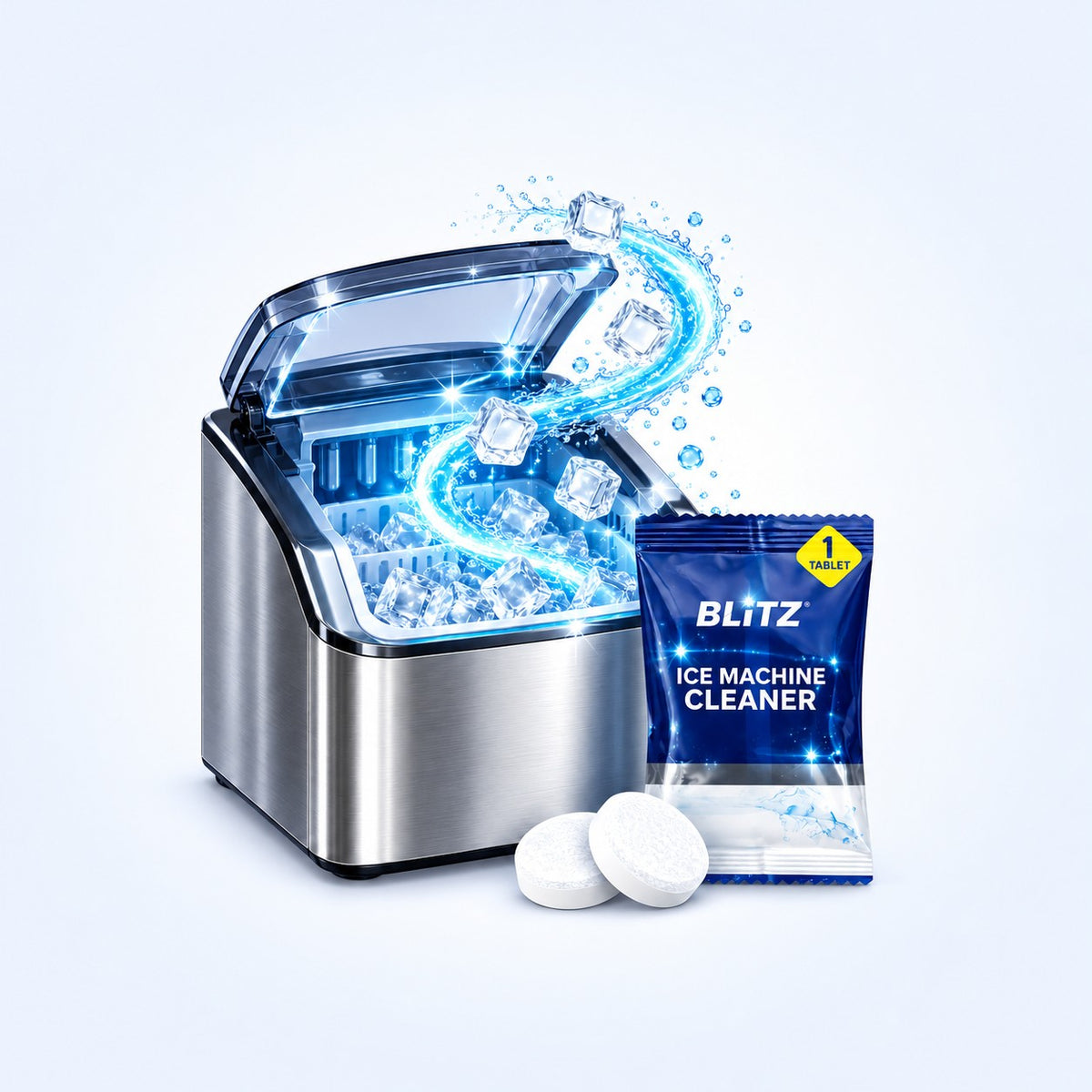 Sachet de pastilles de nettoyant pour machine à glaçons BLITZ à côté d'une machine à glaçons de comptoir remplie de glaçons clairs
