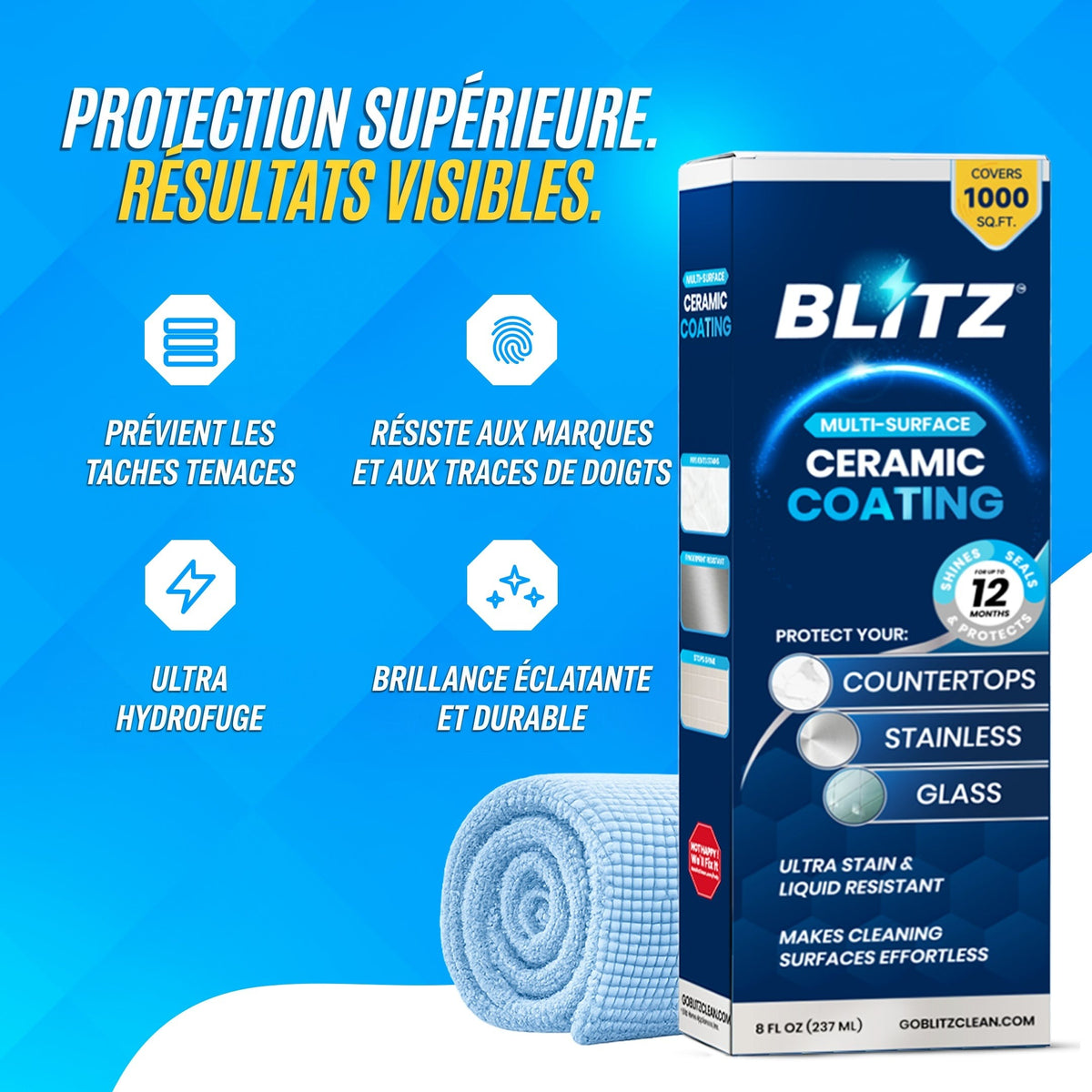 Revêtement céramique BLITZ : prévient les taches tenaces, résiste aux traces de doigts, ultra hydrofuge, brillance durable