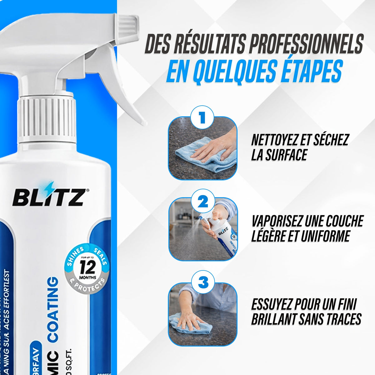 Mode d’emploi du revêtement céramique BLITZ en 3 étapes : nettoyer et sécher la surface, vaporiser une couche légère, essuyer pour un fini brillant