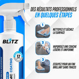 Mode d’emploi du revêtement céramique BLITZ en 3 étapes : nettoyer et sécher la surface, vaporiser une couche légère, essuyer pour un fini brillant