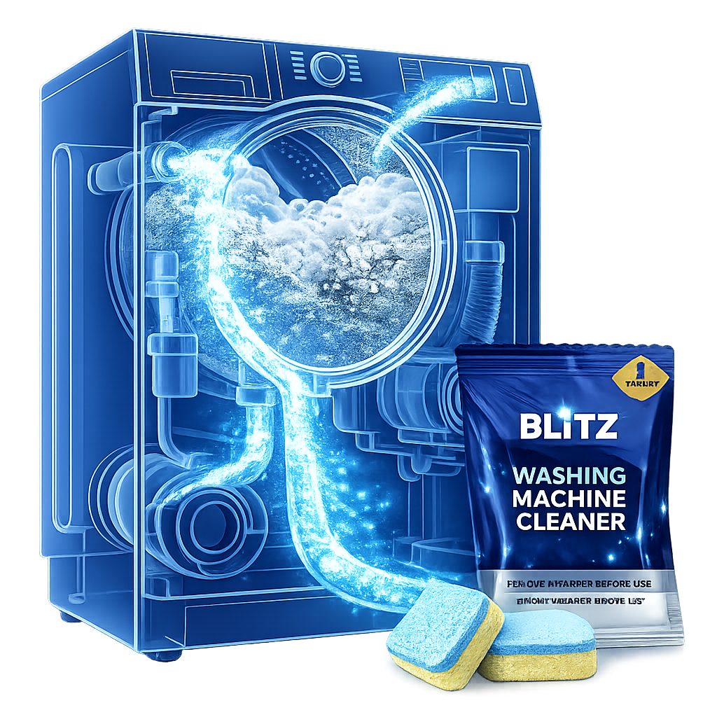 Laveuse en coupe où le nettoyant pour laveuse BLITZ rejoint le tambour, les tuyaux et les parties cachées, avec le sachet et les pastilles