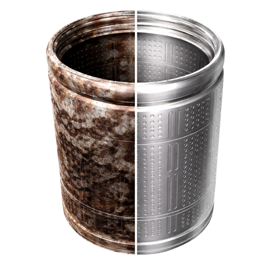 Tambour de laveuse avec des dépôts bruns à gauche et en inox propre à droite
