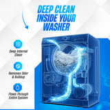 Cutaway illustration of a washing machine showing cleaning flow through the drum, hoses and internal system to remove odours and buildup
