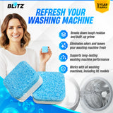 Smiling woman holding a BLITZ Washing Machine Cleaner tablet in front of a front-load washer