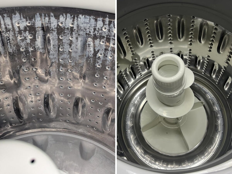 Real photos of a top-load washer drum with a grey band of residue, and a clean top-load drum after BLITZ Washing Machine Cleaner