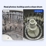 Real photos of a top-load washer drum with a grey band of residue, and a clean top-load drum after BLITZ Washing Machine Cleaner