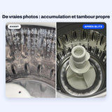 Vraies photos d’un tambour de laveuse à chargement par le haut avec une bande grise de résidus, et d’un tambour propre après le nettoyant pour laveuse BLITZ