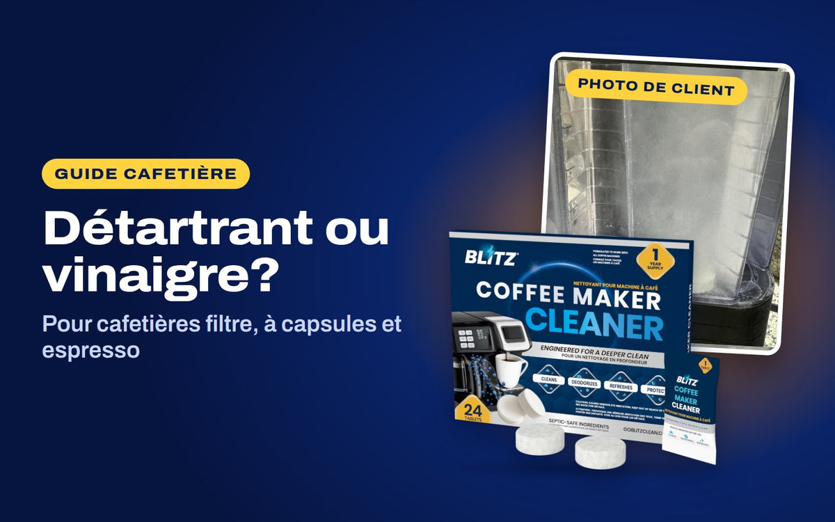 Détartrant ou vinaigre : les pastilles nettoyantes pour cafetière BLITZ devant une photo de client d’une pastille BLITZ qui se dissout dans le réservoir d’une cafetière