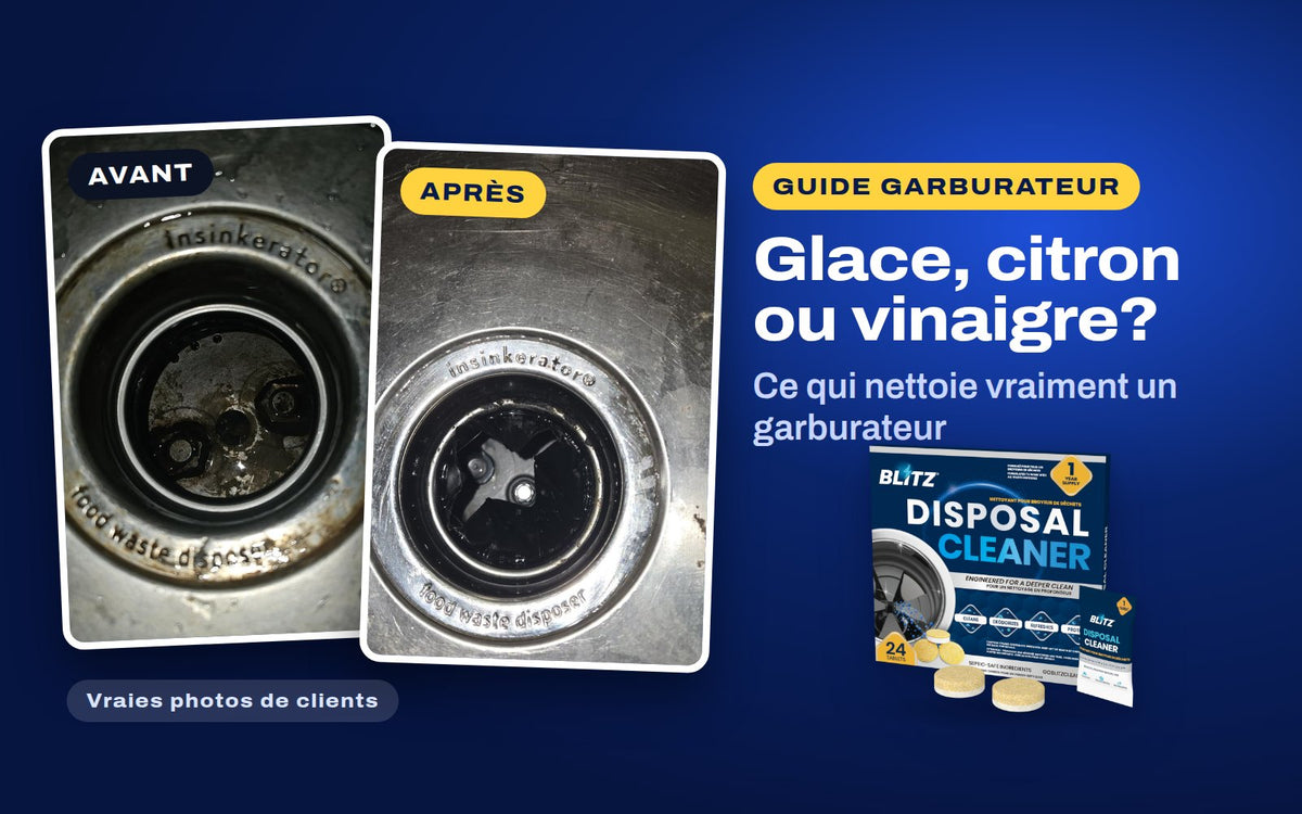 De vraies photos de clients d’un drain de garburateur avant et après une pastille BLITZ, à côté de le nettoyant pour garburateur BLITZ