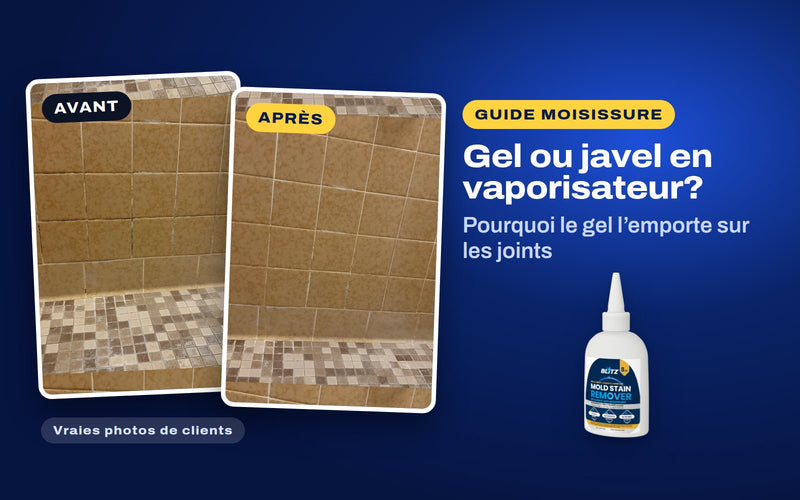 De vraies photos de clients d’un coulis de douche avant et après le détachant de moisissure BLITZ, à côté de le détachant de moisissure BLITZ