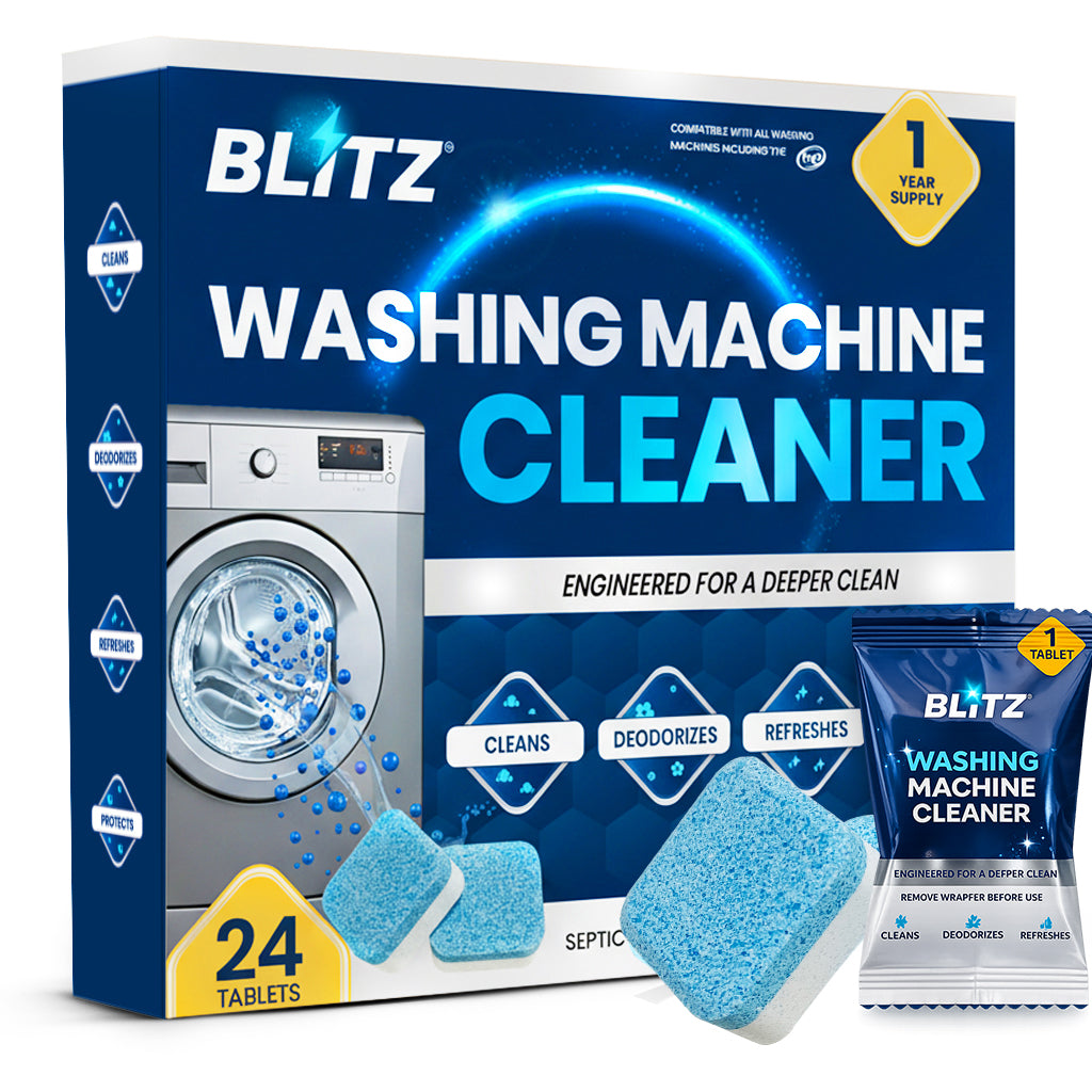 GOBLITZCLEAN BLITZ washing machine cleaner and descaler bottle next to a clean washing machine on a white background