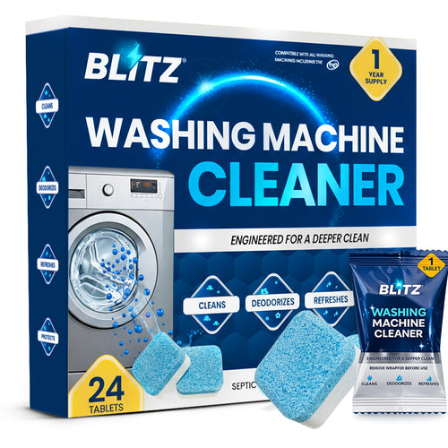 GOBLITZCLEAN BLITZ washing machine cleaner and descaler bottle next to a clean washing machine on a white background