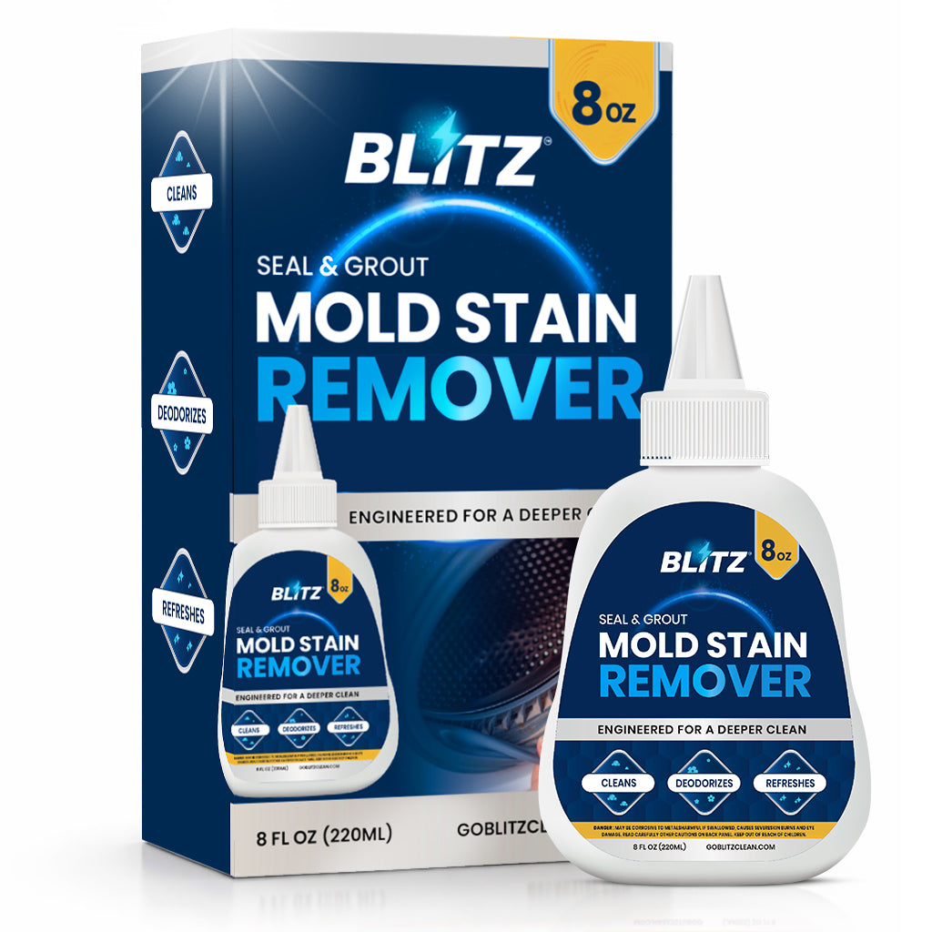 GOBLITZCLEAN BLITZ Mold Stain Remover for appliances, showing cleaning spray bottle and mold stain removal in action.