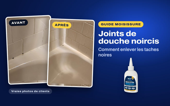 De vraies photos de clients d’un joint de baignoire noirci avant et après le détachant de moisissure BLITZ, à côté de le détachant de moisissure BLITZ