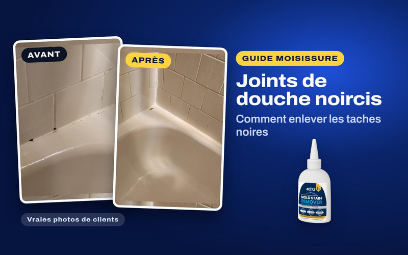 De vraies photos de clients d’un joint de baignoire noirci avant et après le détachant de moisissure BLITZ, à côté de le détachant de moisissure BLITZ