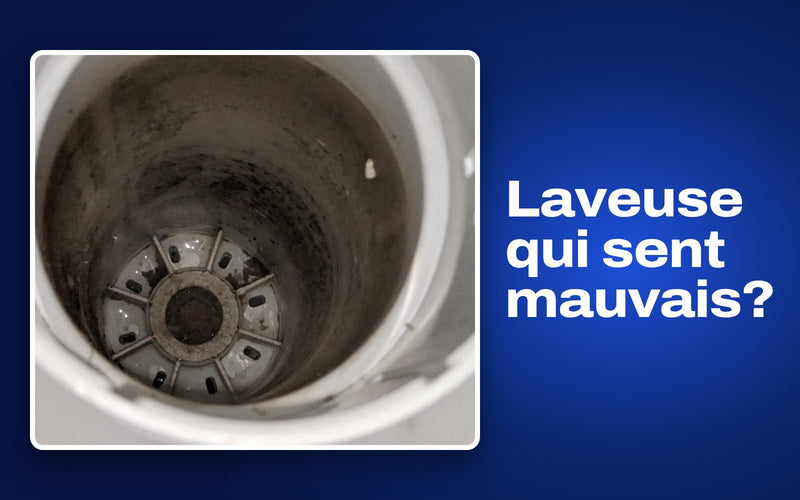 Vraie photo de saleté noire dans la cuve d’une laveuse à chargement par le haut, d’où viennent les odeurs, avec le nettoyant pour laveuse BLITZ